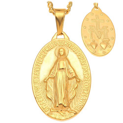 Grande Ciondolo Medaglione Vergine Miracolosa Di Maria Acciaio Oro
