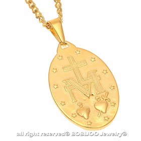 PE0137 BOBIJOO Jewelry Large Pendant Medallion Virgin Miraculous Mary Steel Gold