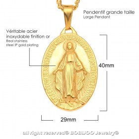 Grand Pendentif Médaillon Vierge Miraculeuse Marie Acier Or bobijoo