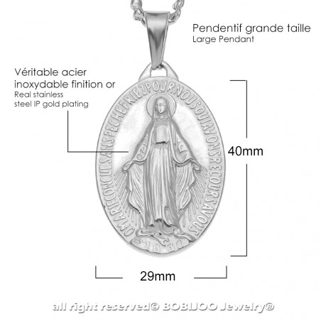 PE0137S BOBIJOO Jewelry Large Pendant Virgin Miraculous Mary Steel, Silver