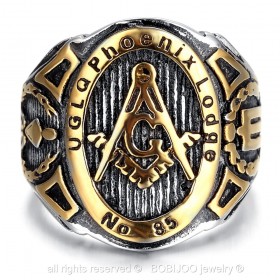 BA0041 BOBIJOO Jewelry Signet Ring Freemasonry UGLQ PHOENIX LOGDE 85 Gold End