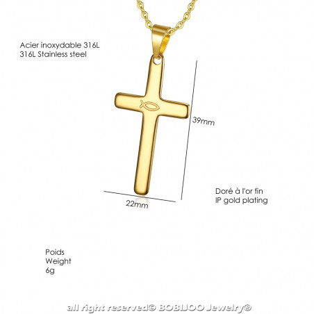 PE0185 BOBIJOO Jewelry Cross pendant Evangelical Ichthus Fish Jesus Gold 39mm