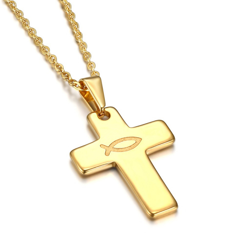 PE0186 BOBIJOO Jewelry Anhänger Kreuz Evangelische Ichthus Fisch-Jesus Gold 28mm