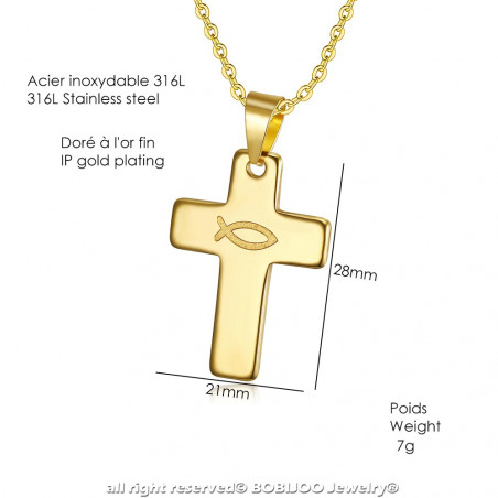 PE0186 BOBIJOO Jewelry Anhänger Kreuz Evangelische Ichthus Fisch-Jesus Gold 28mm