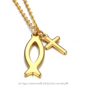 PE0187 BOBIJOO Jewelry Pendant Set Cross Jesus Ichthus Fish Gold