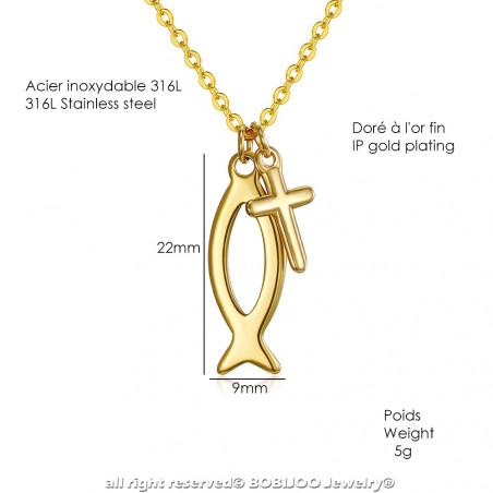PE0187 BOBIJOO Jewelry Pendente In Croce Gesù Ichthus Pesce D'Oro