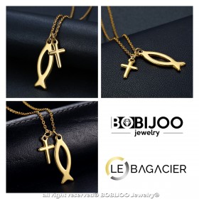 PE0187 BOBIJOO Jewelry Pendant Set Cross Jesus Ichthus Fish Gold