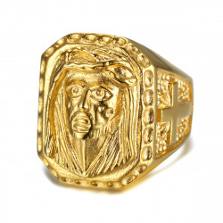 BA0243 BOBIJOO Jewelry Großen Siegelring Ring Kopf Jesu Stahl Gold Kreuz