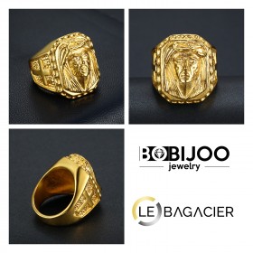 BA0243 BOBIJOO Jewelry Gran Anillo De Sellar De La Cabeza De Jesús De Acero De Oro De La Cruz