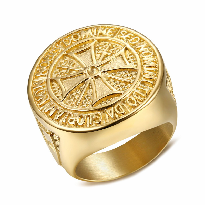 BA0308 BOBIJOO Jewelry Ring Siegelring Templer-Orden, Roh Stahl, Verzinkt Gold