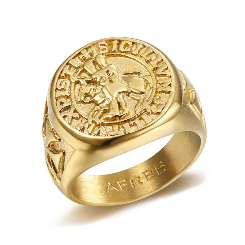 BA0310 BOBIJOO Jewelry Ring Signet ring Steel Gold Templar Seal Christ