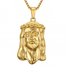 PE0129 BOBIJOO Jewelry Ciondolo Testa di Gesù Cristo Acciaio Oro + Catena