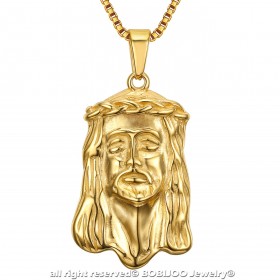 PE0129 BOBIJOO Jewelry Anhänger Kopf von Jesus Christus Stahl-Gold + Kette