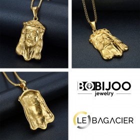 PE0129 BOBIJOO Jewelry Anhänger Kopf von Jesus Christus Stahl-Gold + Kette