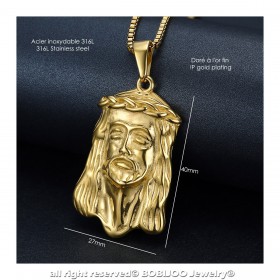PE0129 BOBIJOO Jewelry Ciondolo Testa di Gesù Cristo Acciaio Oro + Catena