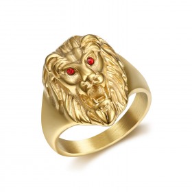 BA0315R BOBIJOO Jewelry Discreet Signet Ring Lion Head Gold Eyes Red