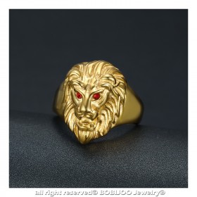 BA0315R BOBIJOO Jewelry Discreet Signet Ring Lion Head Gold Eyes Red