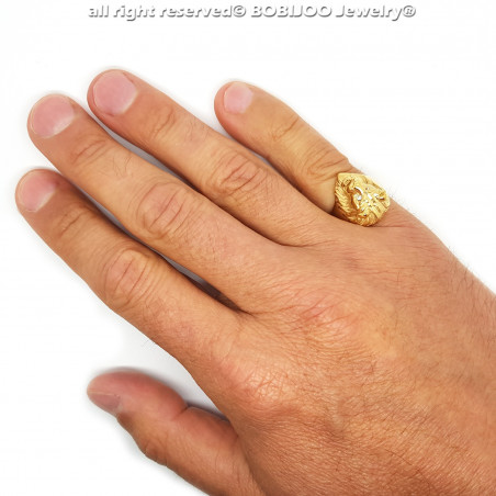 BA0315T BOBIJOO Jewelry Discreet Signet Ring Lion Head Gold Eyes Rhinestones