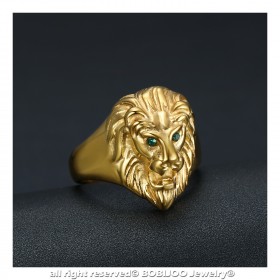 BA0315V BOBIJOO Jewelry Discreet Signet Ring Lion Head Gold-Green Eyes