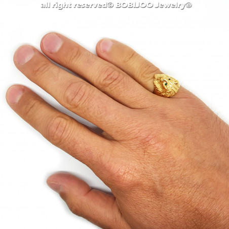 BA0315V BOBIJOO Jewelry Diskrete Siegelring Ring löwenkopf Gold mit Grünen Augen