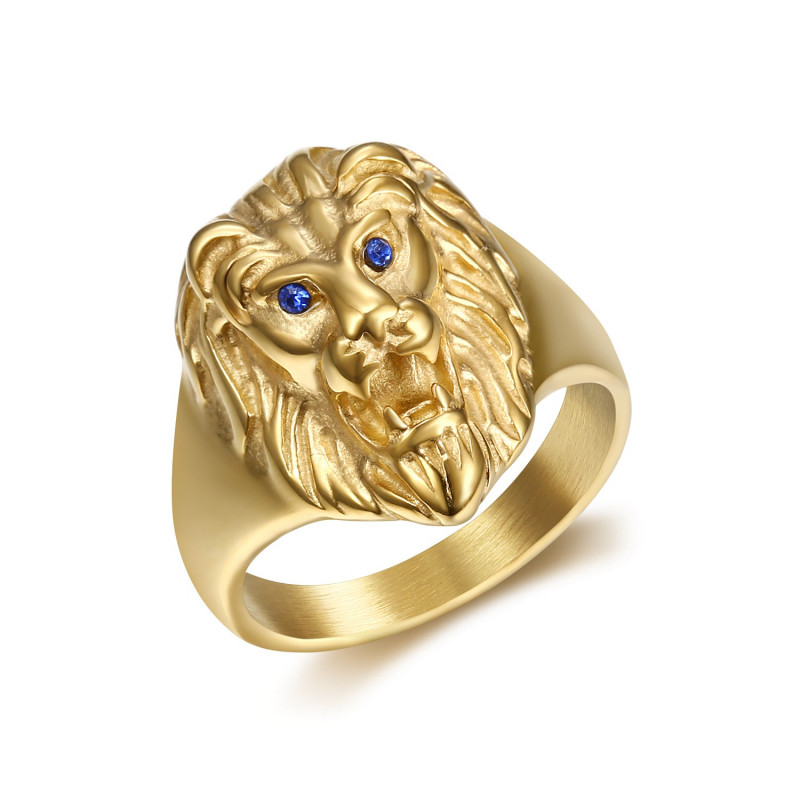 BA0315B BOBIJOO Jewelry Discreet Signet Ring Lion Head Gold Eyes Blue