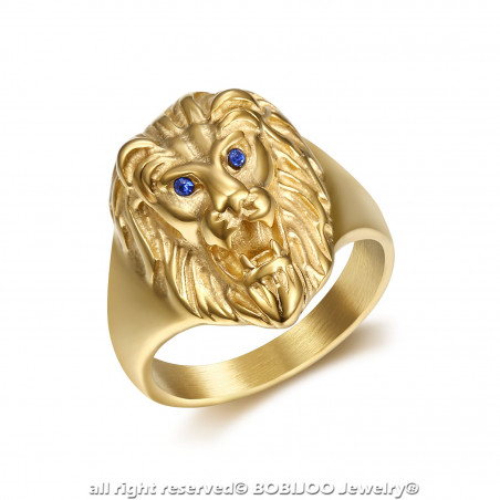 BA0315B BOBIJOO Jewelry Discreto Anello Testa Di Leone D'Oro Occhi Blu