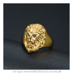 BA0315B BOBIJOO Jewelry Discreet Signet Ring Lion Head Gold Eyes Blue