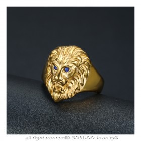 Discrète Chevalière Bague Tête de Lion Or Yeux Bleus bobijoo