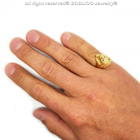 BA0315B BOBIJOO Jewelry Diskrete Siegelring Ring löwenkopf Gold mit Blauen Augen
