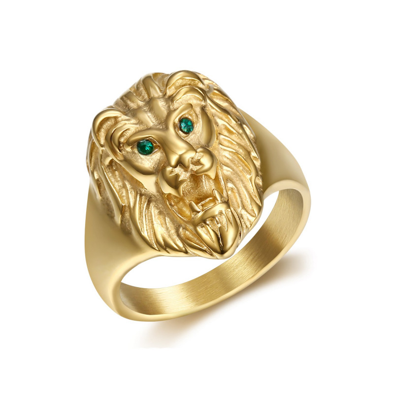 Discrète Chevalière Bague Tête de Lion Or Yeux Verts bobijoo