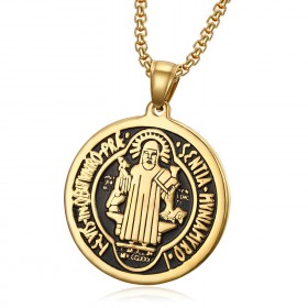 PE0173 BOBIJOO Jewelry Colgante Medalla de San Benito, chapado en Oro de Acero + Cadena