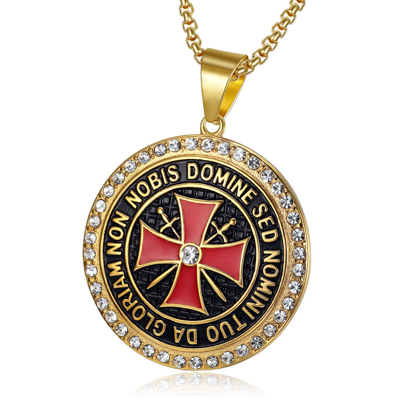 PE0149 BOBIJOO Jewelry Anhänger Templer Stahl Gold Strass Kreuz Nicht Nobis + Kette