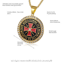 PE0149 BOBIJOO Jewelry Pendant Templar Steel Gold Rhinestone Cross Non Nobis + String