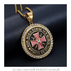 Pendentif Templier Acier Or Strass Croix Non Nobis + Chaîne bobijoo