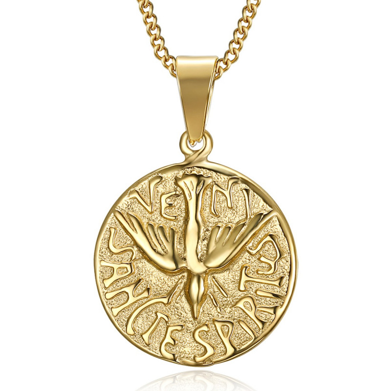 PE0195 BOBIJOO Jewelry Pendant Necklace Veni Sancte Spiritus Pentecost Steel Gold