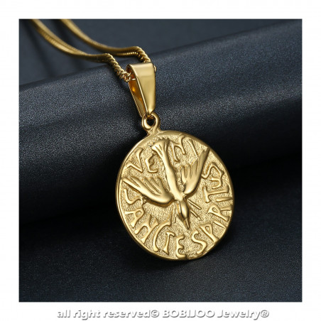 PE0195 BOBIJOO Jewelry Pendant Necklace Veni Sancte Spiritus Pentecost Steel Gold