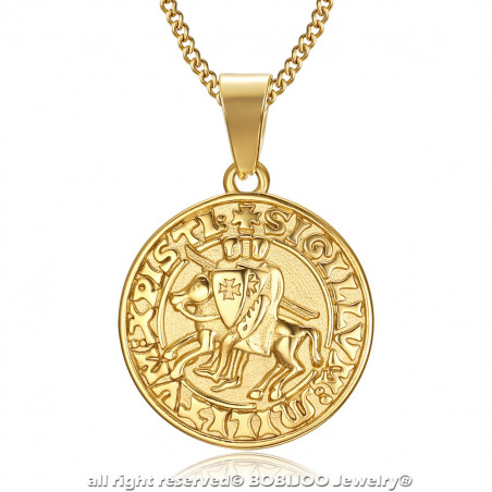 PE0198 BOBIJOO Jewelry Collar colgante Sello de los caballeros Templarios de Acero de Oro