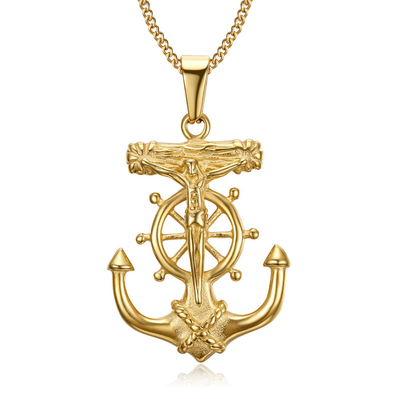 PE0200 BOBIJOO Jewelry Ciondolo Collana Di Ancoraggio Croce Gesù Cristo Viaggiatore Acciaio Oro