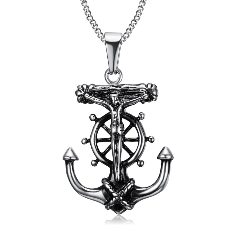 PE0201 BOBIJOO Jewelry Pendant Necklace Anchor Jesus Cross Christ Traveller Steel