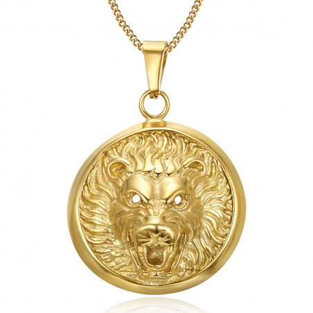 Imposant Pendentif Tête de Lion 3D Soleil Acier Or bobijoo