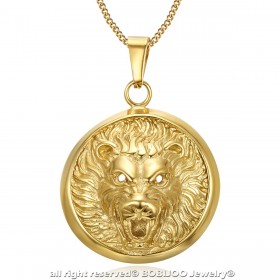 Imposant Pendentif Tête de Lion 3D Soleil Acier Or bobijoo