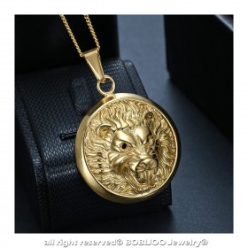 Imposant Pendentif Tête de Lion 3D Soleil Acier Or bobijoo