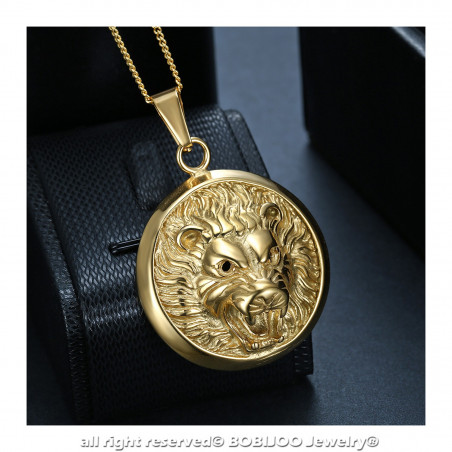 PE0204 BOBIJOO Jewelry Imponente Ciondolo Testa di Leone 3D Sun Acciaio Oro