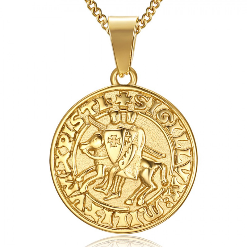 PE0198 BOBIJOO Jewelry Collar colgante Sello de los caballeros Templarios de Acero de Oro