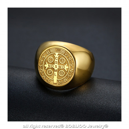 BA0322 BOBIJOO Jewelry Ring Signet Ring Man Medal Of St. Benedict Gold