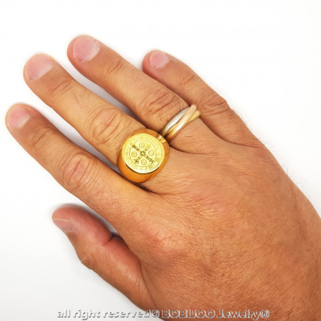 BA0322 BOBIJOO Jewelry Ring Signet Ring Man Medal Of St. Benedict Gold