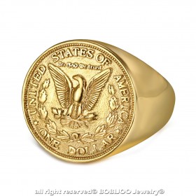 BA0327 BOBIJOO Jewelry Ring Siegelring-Mann-Stück One Dollar Stahl Gold