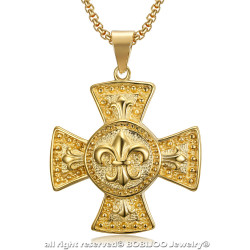 Large Médaillon Pendentif Croix Pattée Templier Lys Or bobijoo
