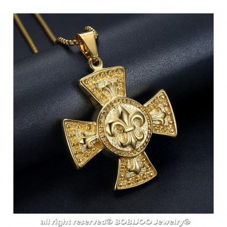 Large Médaillon Pendentif Croix Pattée Templier Lys Or bobijoo