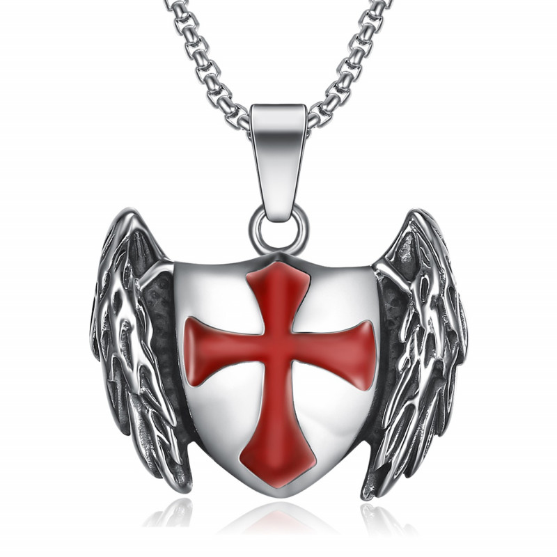 PE0211 BOBIJOO Jewelry Pendant Templar Knight Shield Winged Cross Red